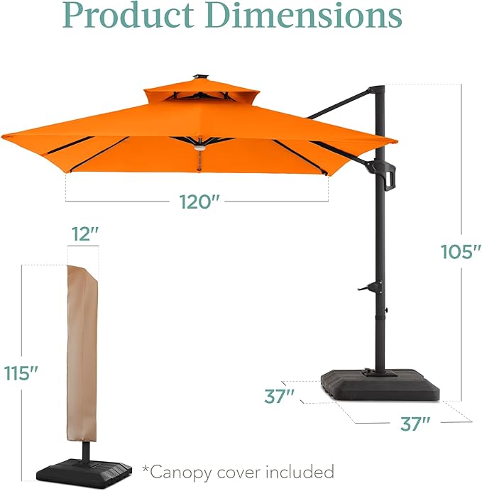Best Choice Products 10x10ft Cantilever Patio Umbrella w/Base Included, Solar LED Lights 360 Rotation Large Offset Hanging Outdoor Shade for Deck Pool Backyard w/Stand – Orange