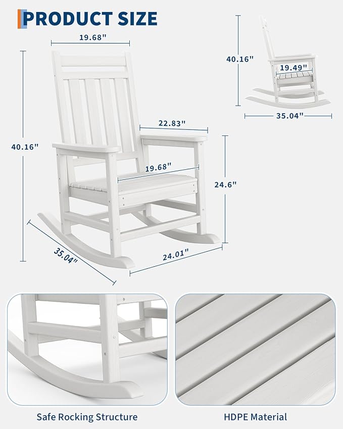 GarveeLife Poly Lumber Rocking Chair Outdoor Set of 4 - HDPE High Back Porch Rocker Chairs for Adults - All Weather Resistant Furniture for Patio - White