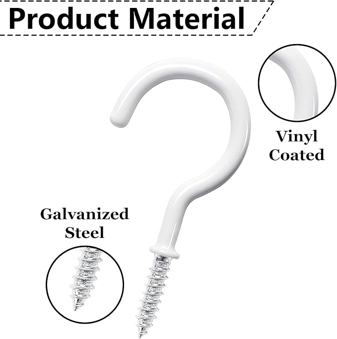12 Pcs Ceiling Hooks for Hanging Plants, Cups, Utensils and Christmas String Lights, 1-1/4 inch Vinyl Coated Screw-in Plant and Cup Hooks for Wooden and Drywall with Anchors - White