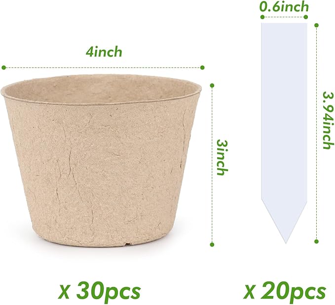 homenote Peat Pots, 30 Pcs 4 Inch Seed Starting Pots with Drainage Holes Round Nursery Plants Pots with Bonus 20 Plant Labels