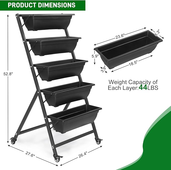 Outvita 4.4 FT Vertical Garden Bed, 5 Tier Vertical Raised Planter, Removable Black Raised Bed Box with 4 Wheels, Movable Elevated Vegetable Flower Planter for Patio Yard Indoor Outdoor