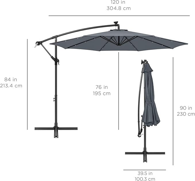 Best Choice Products 10ft Solar LED Offset Cantilever Hanging Market Patio Umbrella, 8 Sturdy Ribs, Easy Adjustment - Slate