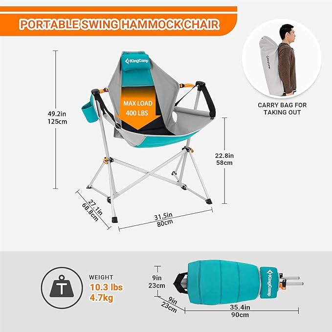 KingCamp Hammock Camping Chair, Swinging Portable Folding Camp Chairs for Adults Max 400lbs Heavy Duty Foldable Oversized Rocker with Aluminum Alloy Frame Cup Holder for Outdoor Beach Patio Sport