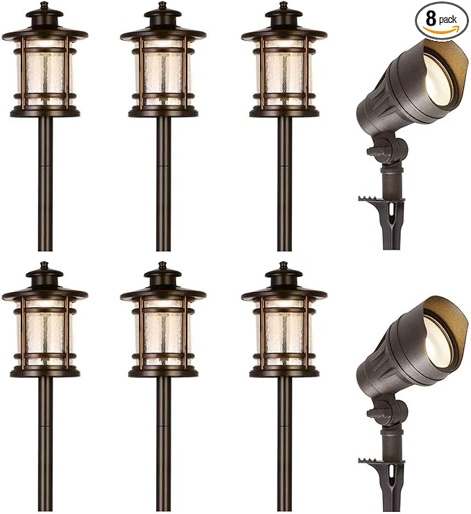 hykolity 8 Pack Low Voltage LED Landscape Kits, 12V-24V Pathway Flood Light Kits, 10W 390LM and 3.4W 155LM Wired for Outdoor Yard Lawn, Die-cast Aluminum, 50W and 30W Equivalent