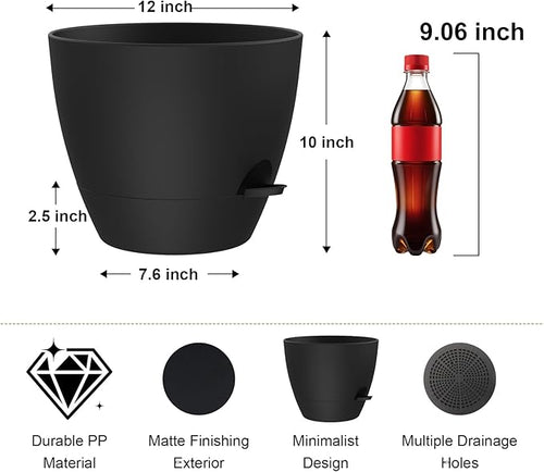 12 Inch Large Self Watering Pots, Flower Pots with Multi-Mesh Drainage Holes and Saucer, Planters for Indoor and Outdoor Garden Plants (Black)