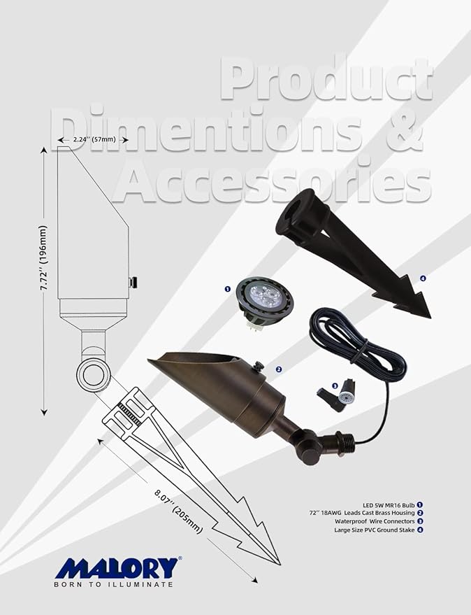 MALORY Brass Landscape Spotlight 6-Pack with MR16 Bulb Kit(S04), Low Voltage 12V AC/DC Shroud Adjustable Outside Yard Lights,PVC Ground Stake and Wire Connector Included, 5W 2700K Warm White