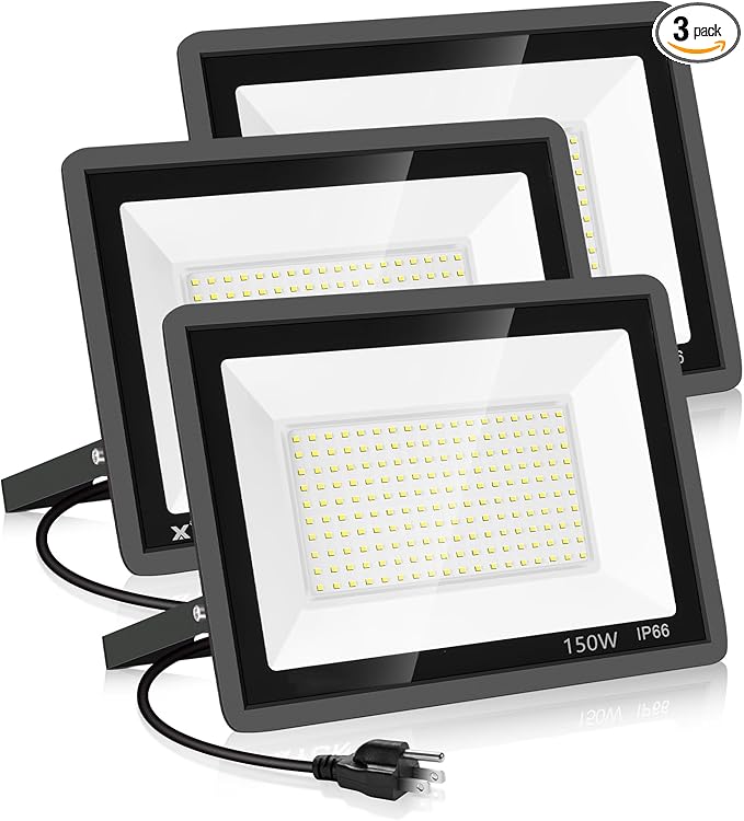 3 Pack 150W LED Flood Light Outdoor,Super Bright Exterior Security Light with Plug,IP66 Waterproof Flood Light, 15500LM 5000K Daylight White Floodlight for Yard, Garden,Basketball Court, Arena