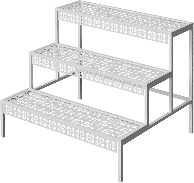 aboxoo 3 Tiers Metal Plant Stand,Rectangular Ladder Flower Pots Outdoor Plant Rack, Indoor Plant Display Rack, Heavy Duty Utility Storage Organizer for Home Garden Patio Balcony, Stair Style(White)