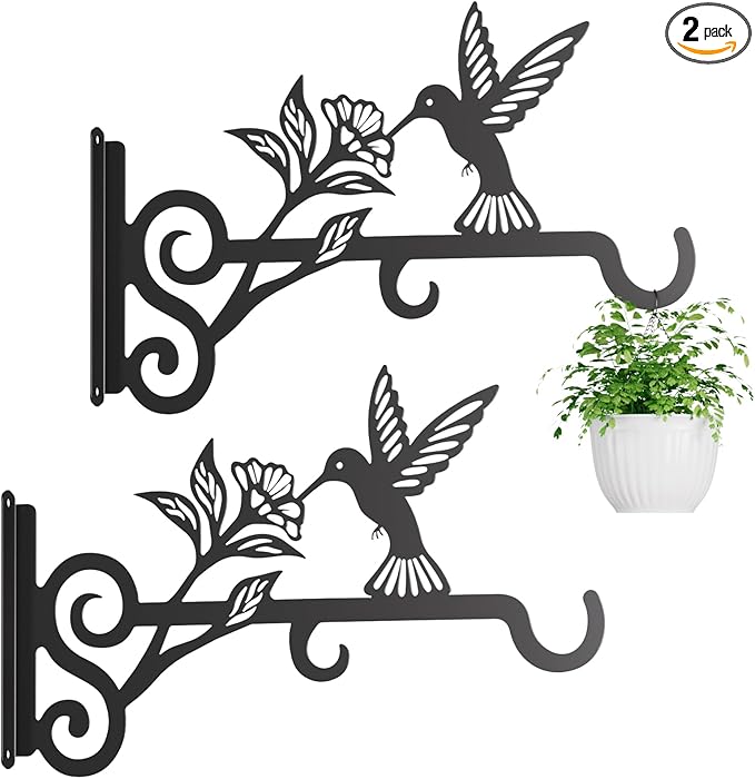 2-Pack Aesthetic Plant Hangers Outdoor – 10 Inch Metal Hanging Plant Bracket with Beautiful Hummingbird Pattern – Anti Rust Plant Hooks for Hanging Plants, Bird Feeder, Windchime, Lantern