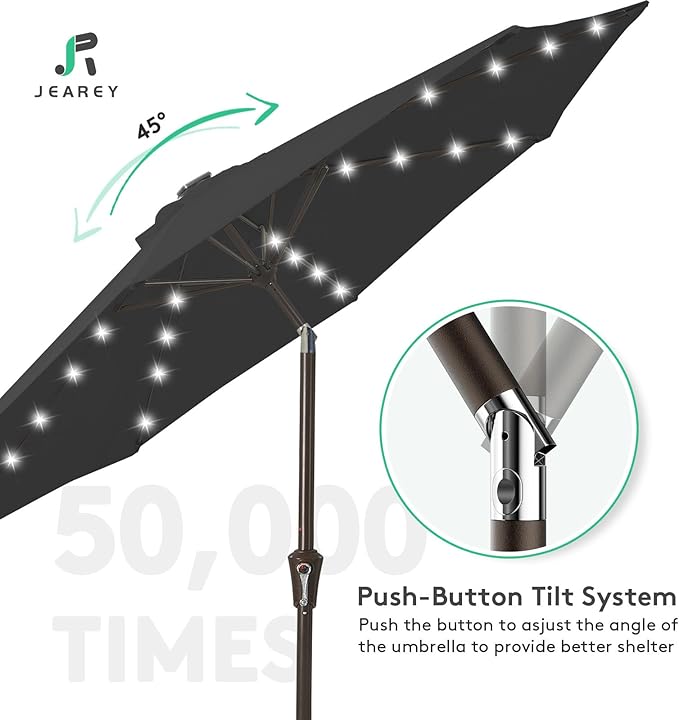 JEAREY 9FT Outdoor Patio Umbrella with Solar Lights, LED Lighted Pool Umbrella with Tilt and Crank, Outdoor Table Umbrellas for Deck, Yard & Market (Jet Black)