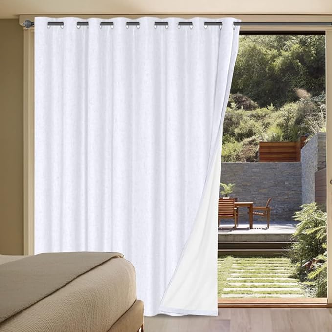 H.VERSAILTEX White Linen Blackout Curtains Durable Thick Textured Linen Look 100% Blackout Patio Door Curtain Anti Rust Grommet Extra Wide Sliding Door Curtain Panel, W100 x L84 inch- Bright White