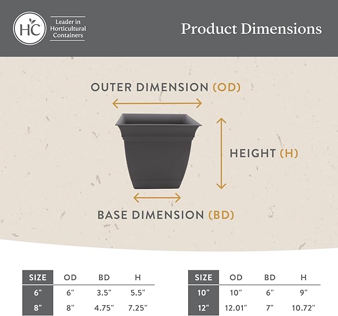 The HC Companies Eclipse Square Plastic Planter w/ Attached Saucer - Outdoor & Indoor Plant Pot with Drainage Holes - Lightweight, UV-Resistant Plastic Pots For Plants (6” Warm Gray, Pack Of 1)
