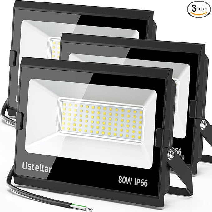 USTELLAR 3 Pack 80W LED Flood Lights Outdoor Hardwired Bright 800W Equiv. 24000LM Security Light Outside Lamp IP66 Waterproof 5000K Daylight White Spot Light Exterior Floodlight for Backyard House