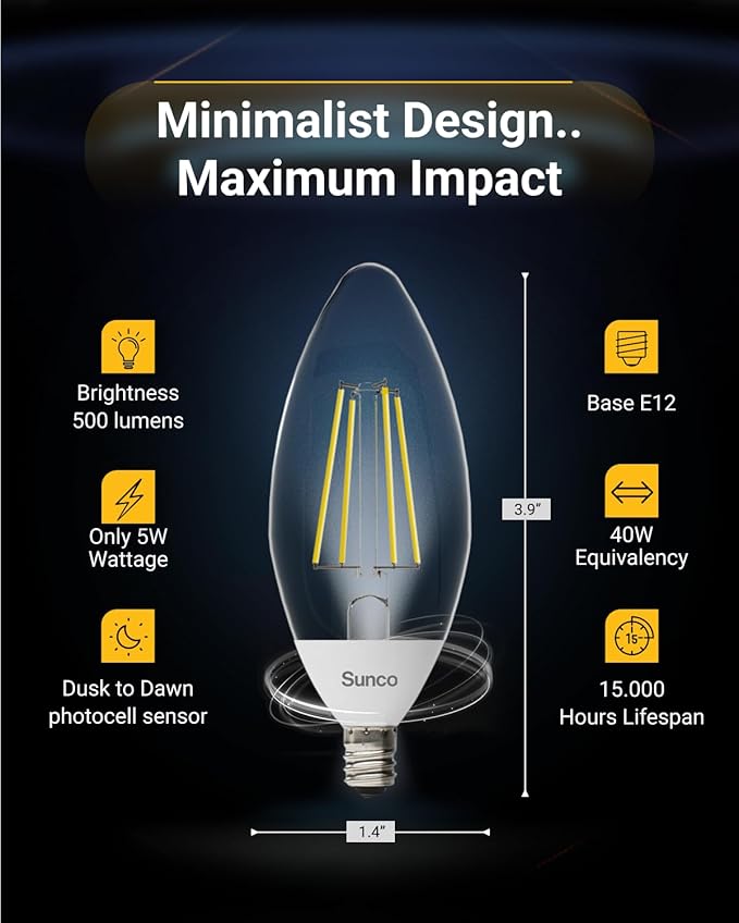 Sunco 6 Pack Dusk to Dawn LED Outdoor Light Bulb B11, Edison Filament Candelabra Bulbs for Porch Lighting, 500 LM, 5W (40W Equivalent), 3000K Warm White, E12 Base, Photocell Sensor UL