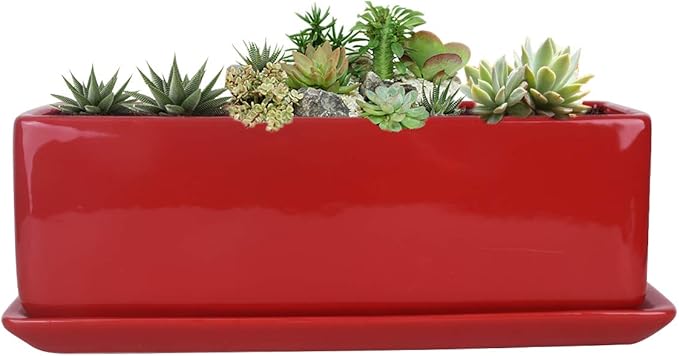 Vencer 12 Inch Rectangular Modern Minimalist Ceramic Succulent Planter Pot - Window Box with Saucer,Office Desktop Potted Stand,Red,VF-0135R