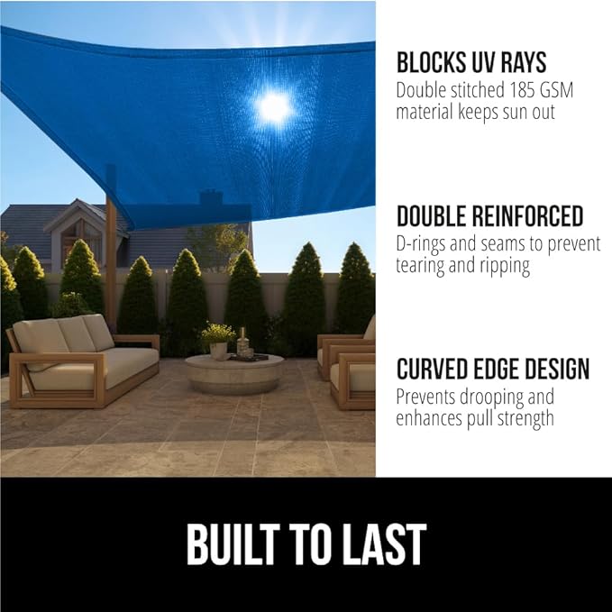 GORILLA GRIP Heavy Duty Sun Shade, UV Protection Fade Tear and Rust Resistant Rectangle Sunshade Canopy, Curved Edges Blocks Sunlight, Breathable Sail, Outdoor Patio, Lawn Garden 12x16 FT Blue