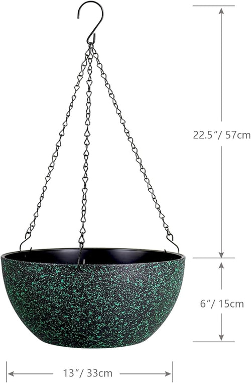 13inch Large Hanging Planters Pots for Outdoor Indoor Plants with Drainage Holes and Chain, 2pack Round Hanging Flower Pots for Garden Home Porch Decor, Black with Green Speckles