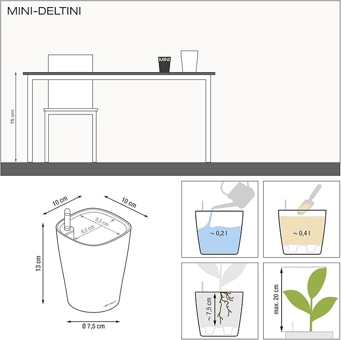 Lechuza MINI-DELTINI Cream White High Gloss, Self-Watering Small Indoor Planter, H5.1 L3.9 W3.9, 0.4L in