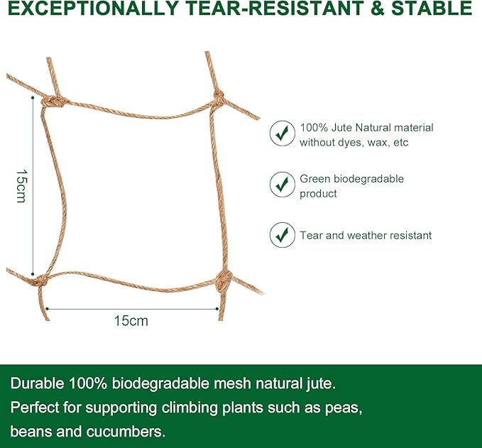 Jute Trellis Netting - Jute Netting for Garden, Heavy Duty Plant Support Netting for Climbing Plants, Cucumber, Vine, Fruits & Vegetables, Climbing Vining Plants (6.6 Ft x 16.4 Ft, 5.9 Inch Squares)