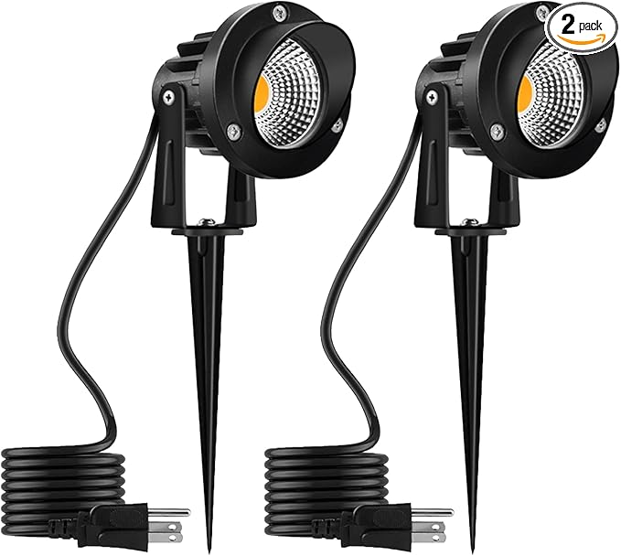 Romwish 120V LED Landscape Spotlights, 10W Outdoor Spotlights for Yard, 3000K Warm White, 120V AC Spot Light with Ground Spike, Waterproof Landscape Lighting for House Garden Lawn Decorative - 2 Pack