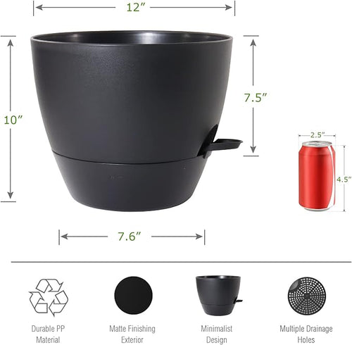 12inch 2Pack Large Self Watering Planters, Plastic Plant Pots with 60oZ Removable Deep Reservoir and Multi Mesh Drainage Holes for Indoor Outdoor Garden Plants and Flowers, Black