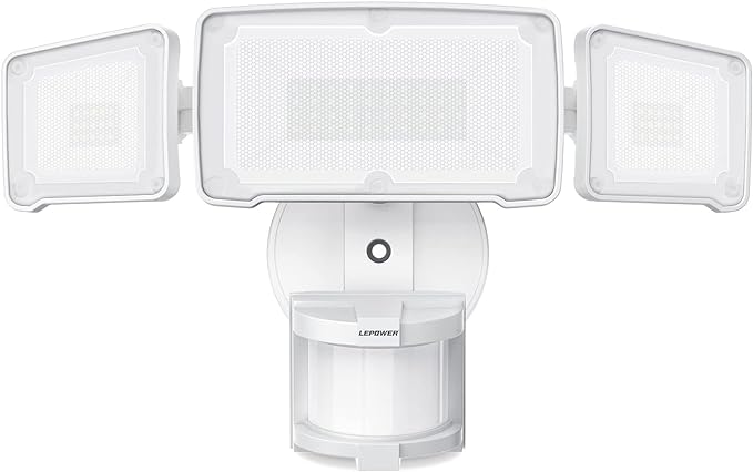 LEPOWER LED Security Lights Motion Sensor Light Outdoor, 38W 4200LM Light, 5500K, IP65 Waterproof, 3 Head Detected Flood Light for Garage, Yard, Porch (White)