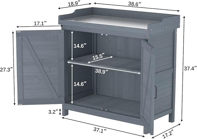 Outdoor Garden Patio Wooden Storage Cabinet Furniture Waterproof Tool Shed with Potting Benches Outdoor Work Station Table (Gray)