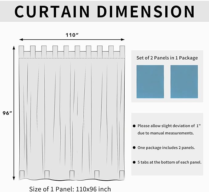 Easy-Going Outdoor Patio Curtains Detachable Tab Top Windproof Weatherproof Curtain for Cabana, Porch, Pergola and Gazebo, Tab Bottom Drape, 2 Panels, 110W x 96L inch, Sky Blue