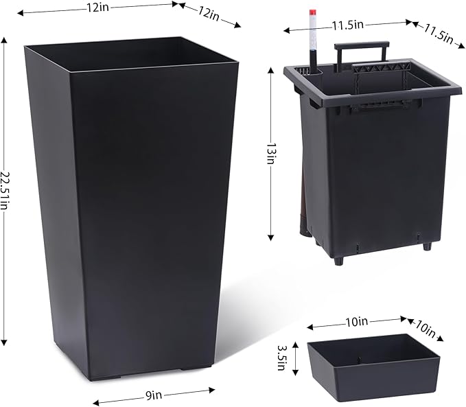 GarveeLife 22.5 in Tall Planters Set of 2, Outdoor＆Indoor Black Planter Pots, High Front Porch Planter Pots with Drainage Holes＆Water Level Monitor＆Inner Bucket, Automatic Watering, Black