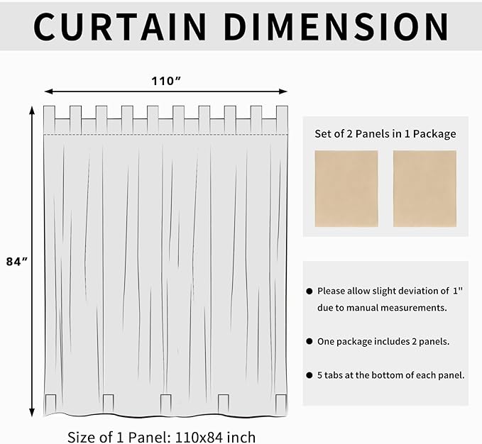 Easy-Going Outdoor Patio Curtains Detachable Tab Top Windproof Weatherproof Curtain for Cabana, Porch, Pergola and Gazebo, Tab Bottom Drape, 2 Panels, 110W x 84L inch, Beige