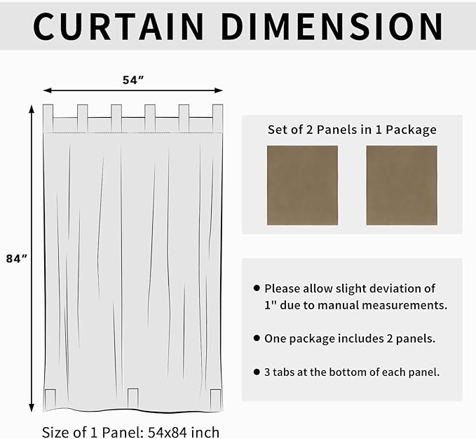 Easy-Going Outdoor Patio Curtains Detachable Tab Top Windproof Weatherproof Curtain for Cabana, Porch, Pergola and Gazebo, Tab Bottom Drape, 2 Panels, 54W x 84L inch, Khaki