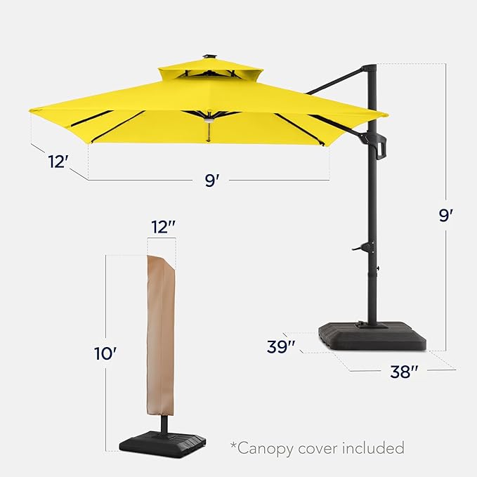 Best Choice Products 9x12ft LED Cantilever Patio Umbrella w/Base Included & 360° Rotation, Large Solar Offset Hanging Outdoor Sun Shade for Deck, Backyard Table w/Stand & Lights – Yellow
