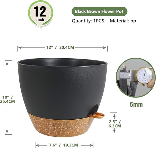 12 inch Large Self Watering Pots, Plant Pots with Mesh Drainage Holes for Indoor Outdoor Plants, Plastic Planters with Deep Reservoir for Garden House Flower Plants, Black with Brown