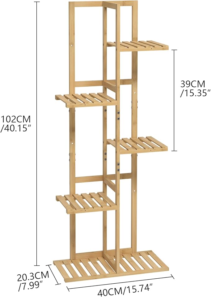 Laiensia Bamboo 5 Tier 6 Potted Plant Stand Rack Multiple Flower Pot Holder Shelf, Indoor&Outdoor Planter Display Shelves for Patio Garden, Living Room, Corner Balcony and Bedroom,Wood Color