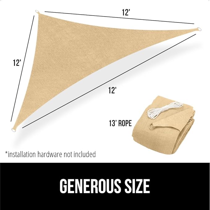 GORILLA GRIP Heavy Duty Sun Shade, UV Protection Fade Tear and Rust Resistant Rectangle Sunshade Canopy, Curved Edges Blocks Sunlight, Breathable Sail, Outdoor Patio, Lawn Garden, 12x12x12, Sand