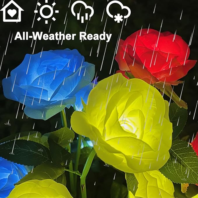GONIMY Outdoor Realistic Solar Powered Rose Flower Lights Stake,2 Pack 10 Rose Solar Garden Decorative Waterproof Lights for Backyard Patio Pathway Xmas Decoration-Yellow