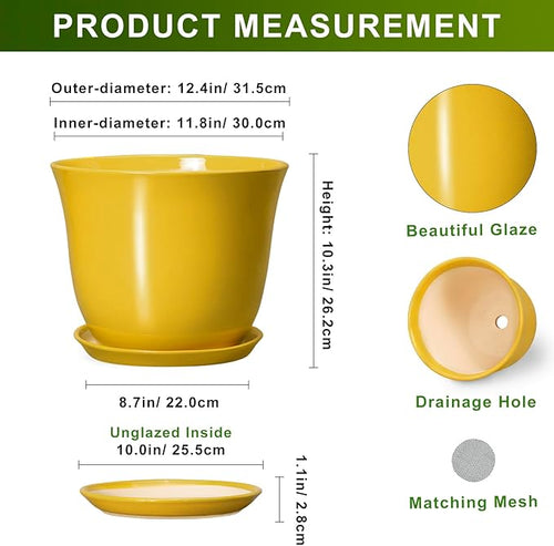 12 Inch Plant Pot - Ceramic Plant Pots with Drainage Hole and Saucer, Large Round Planter for Indoor Outdoor, Modern Flower Pot, Decorative Planters, Home Garden Decor, Garden Gifts, Yellow
