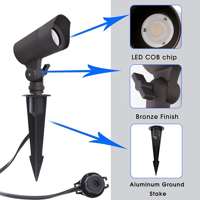 LED Landscape Lights with Connectors, 12V Low Voltage, Warm White 3000k, 4W, 175LM, Outdoor Waterproof Garden Pathway Lights Wall Tree Flag Spotlights with Spike Stand, 4 Pack