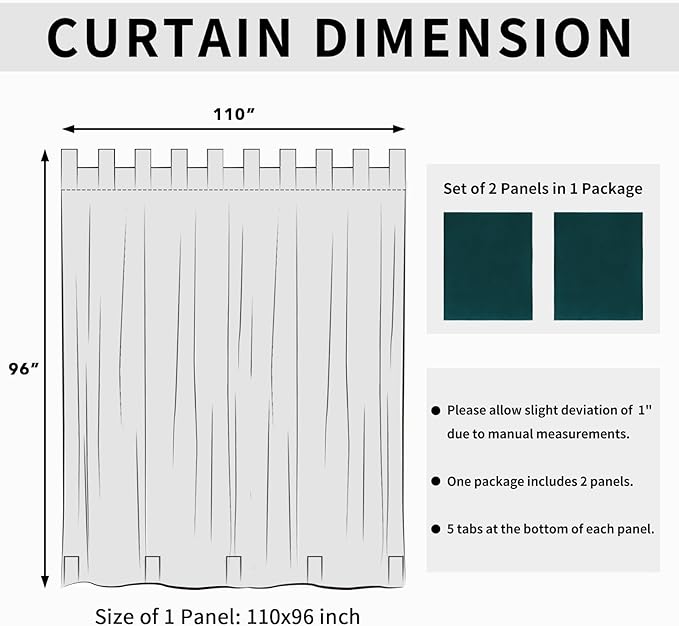 Easy-Going Outdoor Patio Curtains Detachable Tab Top Windproof Weatherproof Curtain for Cabana, Porch, Pergola and Gazebo, Tab Bottom Drape, 2 Panels, 110W x 96L inch, Teal