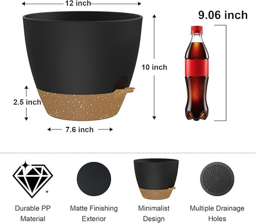 12 Inch Large Self Watering Pots, Flower Pots with Multi-Mesh Drainage Holes and Saucer, Planters for Indoor and Outdoor Garden Plants (Black with Brown)