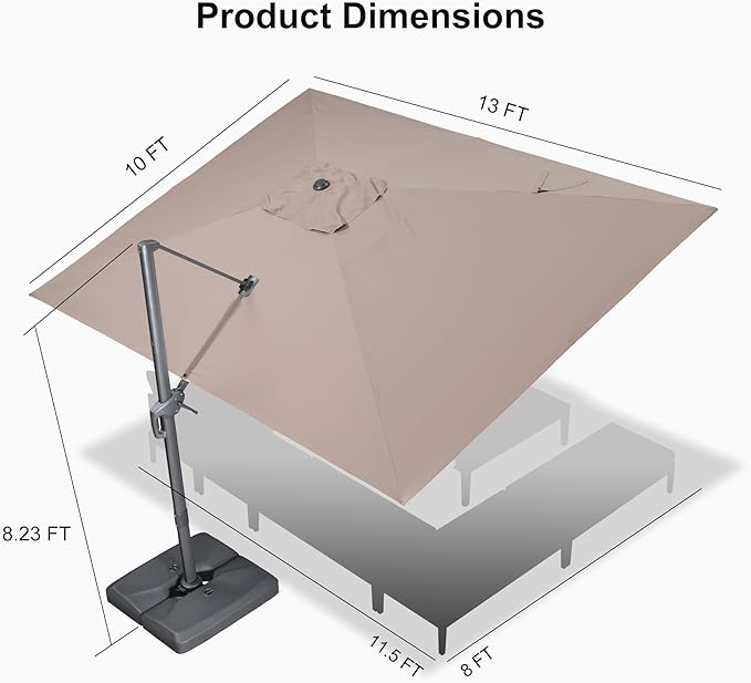 PURPLE LEAF Patio Umbrella 10' X 13' Rectangle Cantilever Umbrella Large Aluminum Outdoor Umbrellas with 360-degree Rotation & UPF40+ Premium Fabric for Deck Pool Garden Yard, Sand Dune