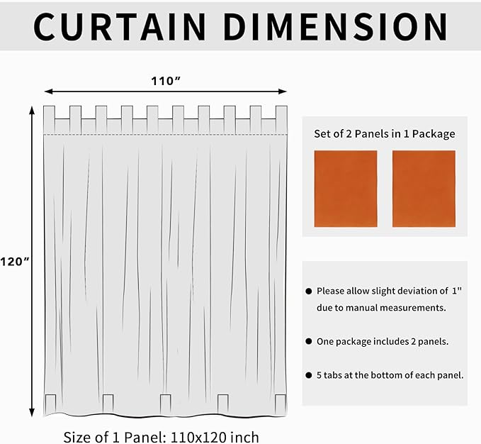 Easy-Going Outdoor Patio Curtains Detachable Tab Top Windproof Weatherproof Curtain for Cabana, Porch, Pergola and Gazebo, Tab Bottom Drape, 2 Panels, 110W x 120L inch, Orange