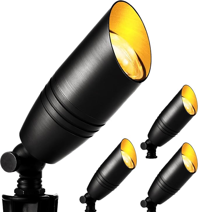 wowlite Low Voltage Spot Lights Outdoor LED 4 Pack, Die-cast Aluminum Landscape Spotlights, Waterproof Black Uplights with MR16 Bulbs Ground Stake for Garden Courtyard Pathway