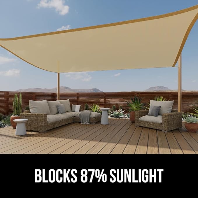 GORILLA GRIP Heavy Duty Sun Shade, UV Protection Fade Tear and Rust Resistant Rectangle Sunshade Canopy, Curved Edges Blocks Sunlight, Breathable Sail, Outdoor Patio, Lawn Garden, 12x12x12, Sand
