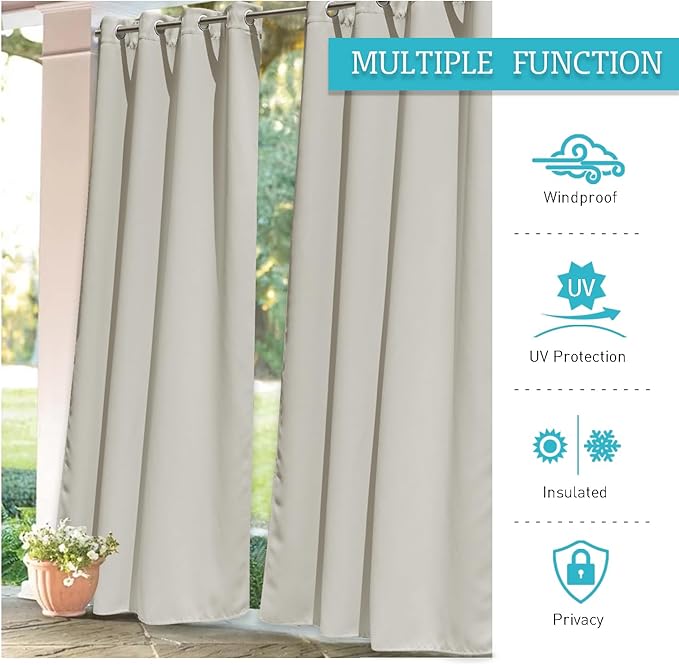 RYB HOME Extra Wide Outdoor Curtains for Patio Waterproof Heavy Duty Thermal Insulated in Summer Full Coverage Privacy for Porch, Cabana & Pool, W120 x L84, Natural, 1 Panel