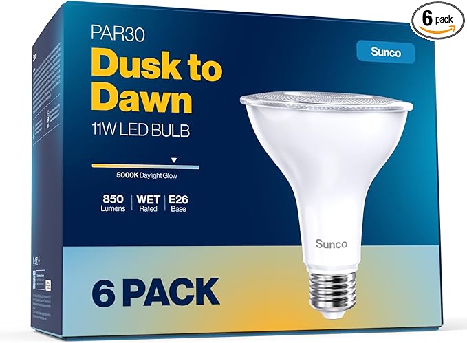 Sunco 6 Pack LED PAR30 Dusk to Dawn Light Bulb for Outside Porch, Patio, Backyard, 11W=75W, 850 LM, 5000K Daylight , Non-Dimmable, Photocell Sensor, UL