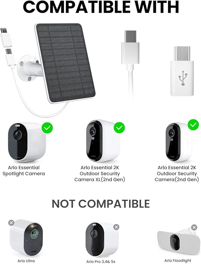 5W Solar Panel Charger Compatible with Arlo Essential 2K Outdoor Camera(2nd Gen)/Essential Outdoor XL(2nd Gen)/Essential Spotlight, IP65 Waterproof 10ft USB-C & Micro USB Cable & Wall Mount, 1 Pack