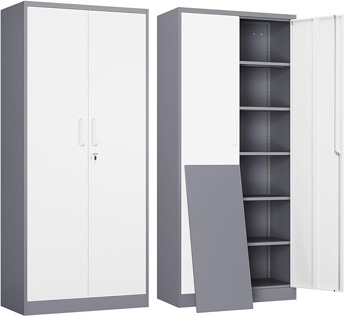 Yizosh Metal Garage Storage Cabinet with 2 Doors and 5 Adjustable Shelves - 71" Steel Lockable File Cabinet,Locking Tool Cabinets for Office,Home,Garage,Gym,School (Gray White)