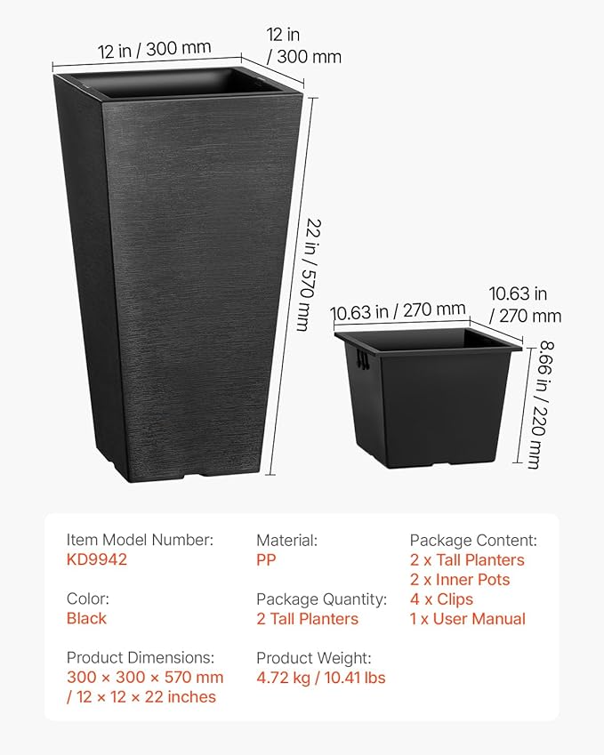 VEVOR Set of 2 Tall Outdoor Planters 22inch, Large Planters for Outdoor Indoor Plants, Black Front Porch Planter Flower Tree Plant Pots with Modern Design and Built-in Drainage
