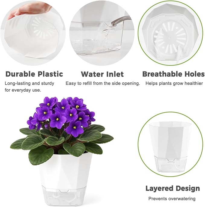 12 Pack Self Watering Pots for Indoor Plants, 5 Inches Self Watering Planters Small African Violet Self Watering Clear Pots for Plants Herb Orchid Flower Houseplant Pots, White